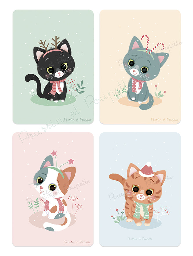 LOT DE 4 CARTES DE NOEL - PETITS CHATS