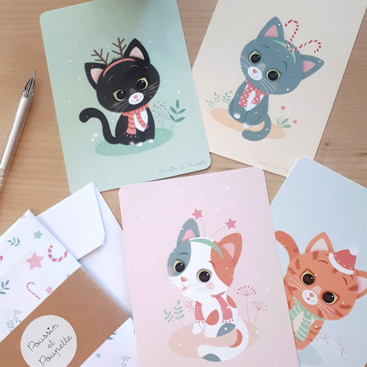 LOT DE 4 CARTES DE NOEL - PETITS CHATS